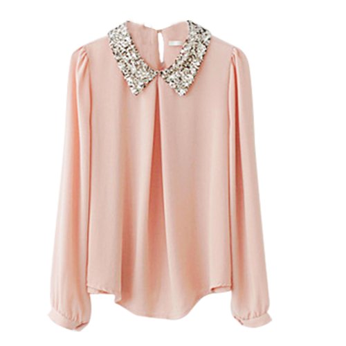 Zeagoo Women's Sequins Peter Vintage Pan Collar Puff Sheer Sleeve Loose Blouse