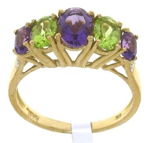 Bague Femme 5 Pierres Or 375/1000 et Diamant Brillant avec Améthyste, Peridot Taille 51.5