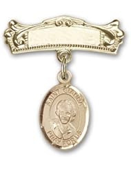 14K Gold Baby Badge with St. Gianna Beretta Molla Charm and Arched Polished Badge Pin