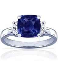 18K White Gold Cushion Cut Blue Sapphire Three Stone Ring