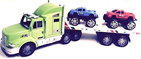 Friction Powered Semi Truck Carrier (GREEN) Hauler w/ 2 Detachable Trucks (Color May Varies)