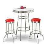 Chrome Bar Table & 2 Chrome Glitter Red Vinyl Seat Barstools