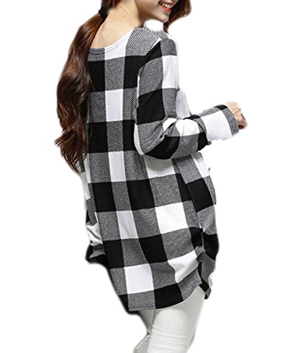 Chilene トップス レディース チュニック チェック カットソー Uネック 長袖 ブラック ホワイト