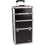 29 inch 2 in 1 Black Diamond Pattern with Silver Trim Aluminum Professional Rolling Wheeled Makeup Artist Trolley Case Cosmetic Organizer Beauty Supply Carrier w/Removable Telescoping Handle