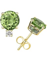 9mm Round Peridot and Diamond Stud Earrings in 14K Yellow Gold