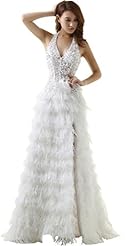 V-neck Halter Corset   Waistline Feathers Sheer  Dress