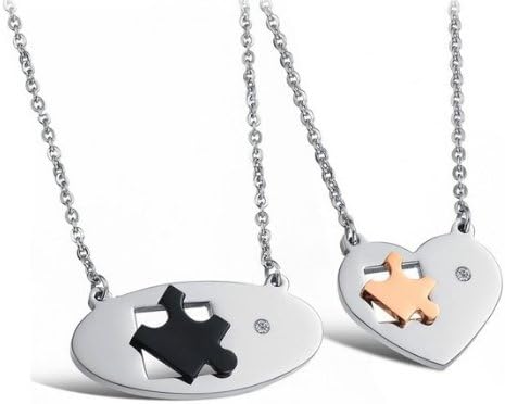 Stainless Steel Couples Jigsaw Puzzle Love Heart Rhinestone Crystals Necklace Pendant Set (His and Hers) Women's Men's Fashion Jewelry (FREE CHAINS INCLUDED)