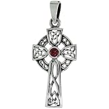 Sterling Silver Trinity Celtic Cross Pendant w/ Single Red CZ, w/ 18" Thin Box Chain