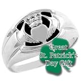 10k White Gold Men's Onyx And Diamond Claddagh Ring