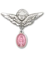 Sterling Silver Baby Badge with Pink Miraculous Charm and Angel with Wings Badge Pin