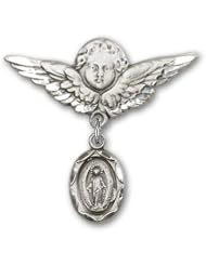Sterling Silver Baby Badge with Miraculous Charm and Angel with Wings Badge Pin