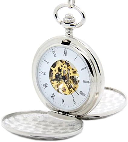 Laogeshi Silver Vintage Skeleton Unisex Mechanical Chain Pocket Watch Double Open