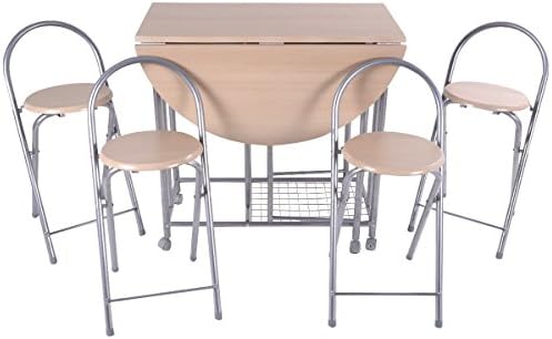 5PC Foldable Dining Set Table And 4 Chairs Breakfast Kitchen Furniture - Classic Design For Dining Room - Foldable And Save Storage Space - Six Wheels For Easy Moving And Two Of Them Can Be Locked