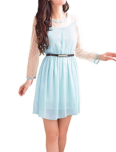 Allegra K Ladies Long Sleeves Splicing Full Lined Belted Dress Light Blue XL