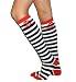 Womens Striped Over The Knee Punk Socks With Pirate Logo - White/Black
