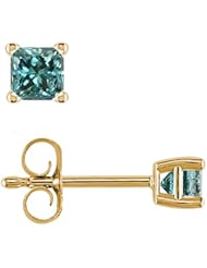 1 CT Princess Cut Blue Diamond Stud Earrings 14k Gold