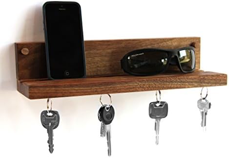 Living Provisions Floating Cell Phone Wall Mounted Storage Shelf with Magnetic Key Ring Holder - Handcrafted from Solid Walnut