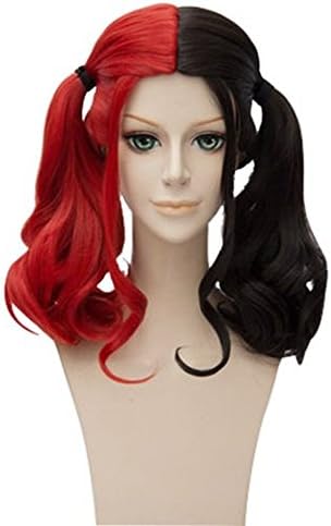 Middle Long Curly Wigs Harley Quinn Black and Red Two Tone Cosplay Batman 18'' Small Size