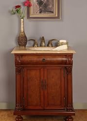 32" Bathroom Furniture LED Lighted Travertine Top Single Sink Vanity Cabinet 723TL