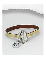 Gold Peace Symbol Leather Bracelet In White Base