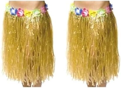 Set Of 2 Plastic Flowered Luau Hula Skirts - Raffia Color - Adults