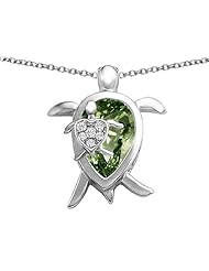 Original Star K (tm) Large Mother and Baby Turtle family Pendant with 12x8mm Pear Shape Simulated Green Tourmaline in 925 Sterling Silver