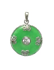 Natural Green Jade & Traditional Chinese Oriental Designed Character "FU" & Flowers Butterfly .925 Sterling Silver Pendant with Rhodium Plated (come with 16" or 18" Italian Sterling Silver Chain)