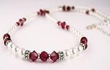 July Ruby Swarovski Crystal Birthstone Beaded Necklaces in Sterling Silver with White Pearls by Gemstone Gifts Handmade Jewelry.