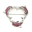 Dark Red Austrian Rhinestone Silver-Tone Three Dolphin Heart Shaped Brooch Pin