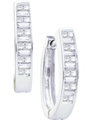 Real Diamond Earrings 0.50CTW PRINCESS BAGGUETTE DIAMOND LADIES HOOPS EARRINGS White-gold 14K
