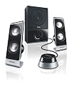 Philips SPA 7350/10 2.1 Multimedia Lautsprecher (100 Watt MPO, 2 Satelliten Holz-Subwoofer, MP3 Eingang an der Fernbedienung) schwarz