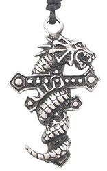 Dragon Cross Pewter Pendant Necklace