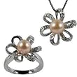 Morning Bloom Peach Pink Cultured Pearl Cubic Zirconia Platinum Overlay Sterling Silver Pendant Necklace 16" & Ring Set