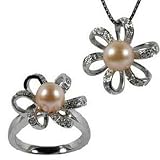 Morning Bloom Peach Pink Cultured Pearl Cubic Zirconia Platinum Overlay Sterling Silver Pendant Necklace 16" & Ring Set
