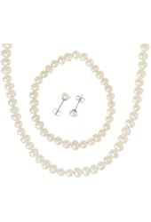 Stainless Steel 6.5-7mm White Freshwater Cultured Pearl Necklace, Bracelet, 6.5-7mm Earrings Jewelry Set