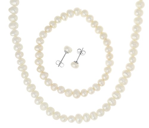 Stainless Steel 6.5-7mm White Freshwater Cultured Pearl Necklace, Bracelet, 6.5-7mm Earrings Jewelry Set