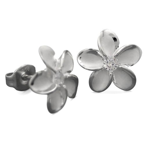 925 Silver 11mm Plumeria Stud Earrings Hawaiian Jewelry