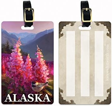 Alaska Luggage Tag with Chickadee, Fireweed Flowers, and Mountains By Karen Whitworth