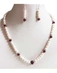 Single Strand Elegant Natural Graceful Faceted Ruby & Pearl Beaded Necklace with Free Earrings