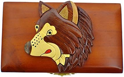 Handmade Wooden Art Intarsia Wolf Trinket Box with hinge (3535) (g2)