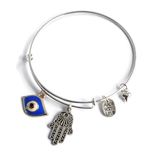 BellaNovaTM Evil Eye Hamsa Hand Charm Expandable Bangle Bracelet