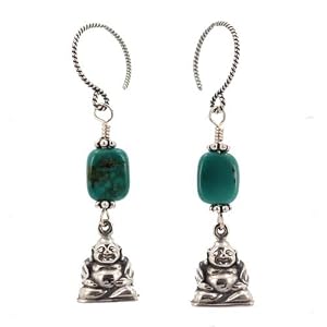 Sitting Laughing Buddha Dangle Earrings in Sterling Silver with Turquoise Gemstones and Twisted Sterling Silver Earwires, #7576
