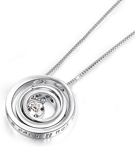 Engraved Interlock Rings Pendant Necklace with Clear Crystal