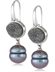 Honora "Rock Star" Freshwater Cultured Pearl and Black Agate Drusy Dangle Earrings
