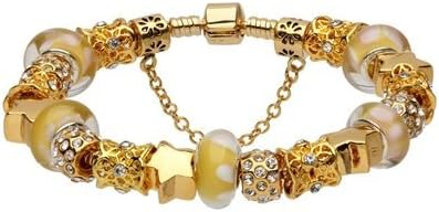 New - Fashion Beautiful European Style Blue Murano Glass Beads Golden I Love YOU Heart Charm Beaded Gold Plated Bracelet Fit for Pandora, Chamilia, Troll, Biagi Jewelry Jewellery for Women Girls (19CM, gold)