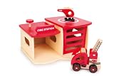 All wood brightly coloured fire station set with engine and helicopterIMAGE