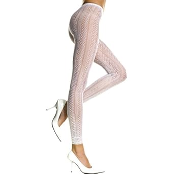 White Crocheted Footless Tights With Lace Trim