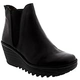 Womens Fly London Yoss Elasticated Leather Chelsea Boot Wedge Heel Shoes - Black - 5