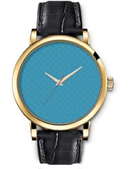 SPRAWL Aanalog Fashion Series Gold Ladies Watches of Genuine Black Leather Strap,Unique Wrist Watch for Women Girls Designed with Blue flowers background