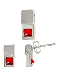 Sterling Silver Matte-finish Fancy Earrings (10mm tall) & Pendant Slide (12mm tall) Set, w/ Princess Cut Ruby-colored CZ Stones